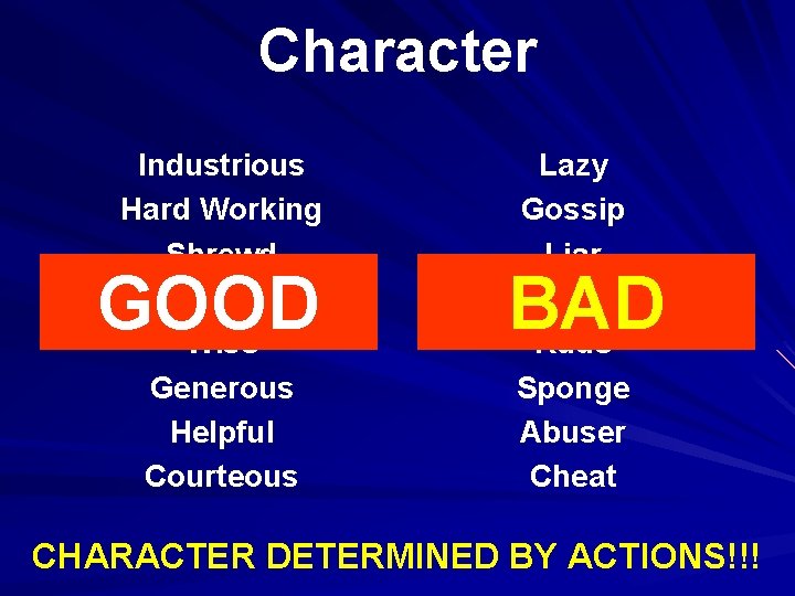 Character Industrious Hard Working Shrewd Smart, Intelligent Wise Generous Helpful Courteous GOOD Lazy Gossip