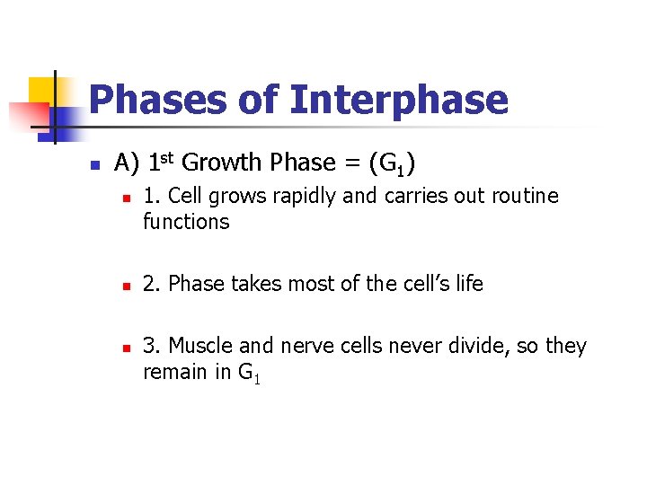 Phases of Interphase n A) 1 st Growth Phase = (G 1) n n