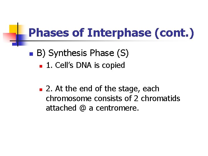 Phases of Interphase (cont. ) n B) Synthesis Phase (S) n n 1. Cell’s