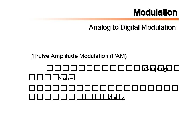 Modulation Analog to Digital Modulation . 1 Pulse Amplitude Modulation (PAM) ��������� (Sampling) ������
