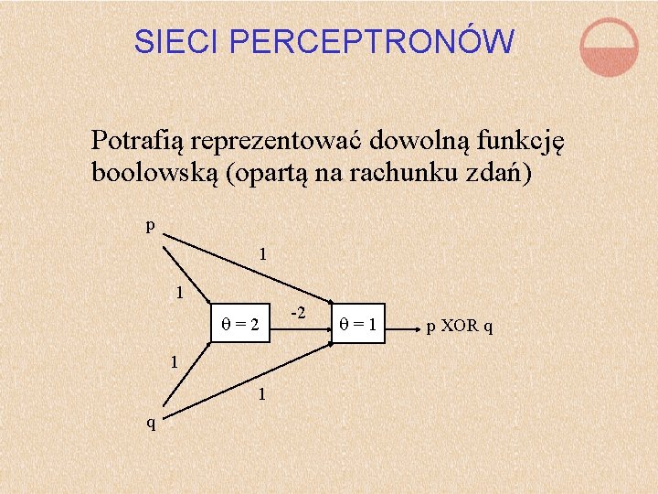 SIECI PERCEPTRONÓW Potrafią reprezentować dowolną funkcję boolowską (opartą na rachunku zdań) p 1 1