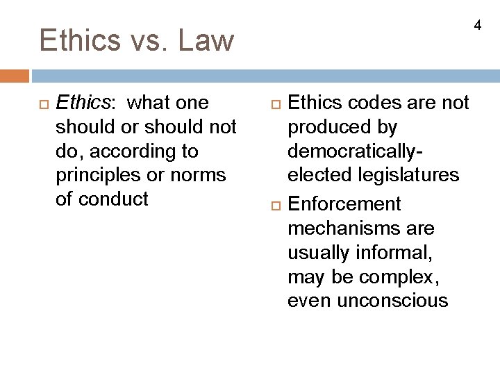 4 Ethics vs. Law Ethics: what one should or should not do, according to