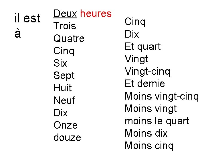 il est à Deux heures Trois Quatre Cinq Six Sept Huit Neuf Dix Onze il est à Deux heures Trois Quatre Cinq Six Sept Huit Neuf Dix Onze