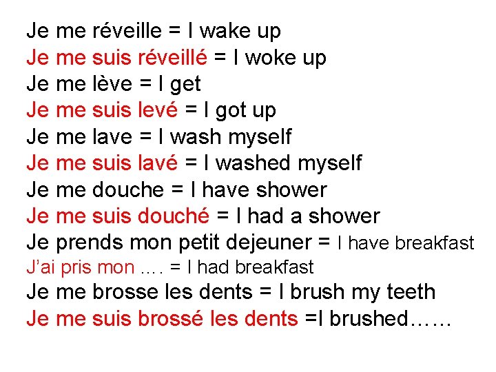 Je me réveille = I wake up Je me suis réveillé = I woke Je me réveille = I wake up Je me suis réveillé = I woke