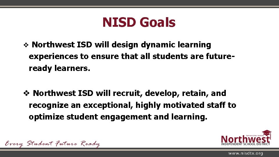 NISD Goals v Northwest ISD will design dynamic learning experiences to ensure that all