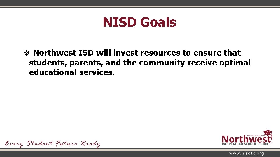 NISD Goals v Northwest ISD will invest resources to ensure that students, parents, and