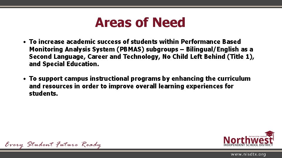 Areas of Need • To increase academic success of students within Performance Based Monitoring