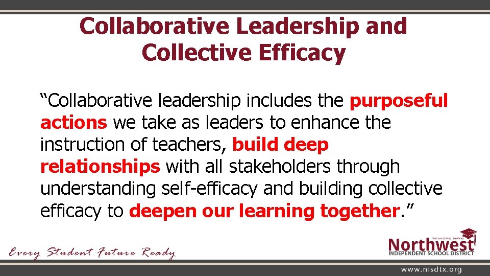 Collaborative Leadership and Collective Efficacy “Collaborative leadership includes the purposeful actions we take as