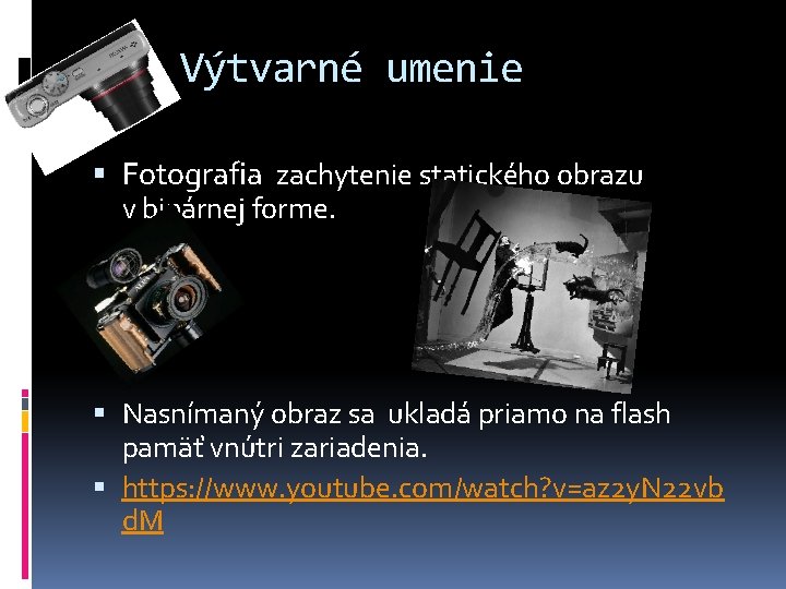 Výtvarné umenie Fotografia zachytenie statického obrazu v binárnej forme. Nasnímaný obraz sa ukladá priamo