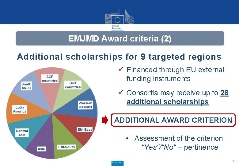 EMJMD Award criteria (2) Additional scholarships for 9 targeted regions ü Financed through EU