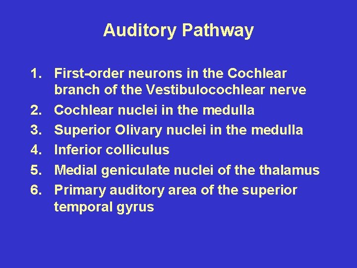 Auditory Pathway 1. First-order neurons in the Cochlear branch of the Vestibulocochlear nerve 2.