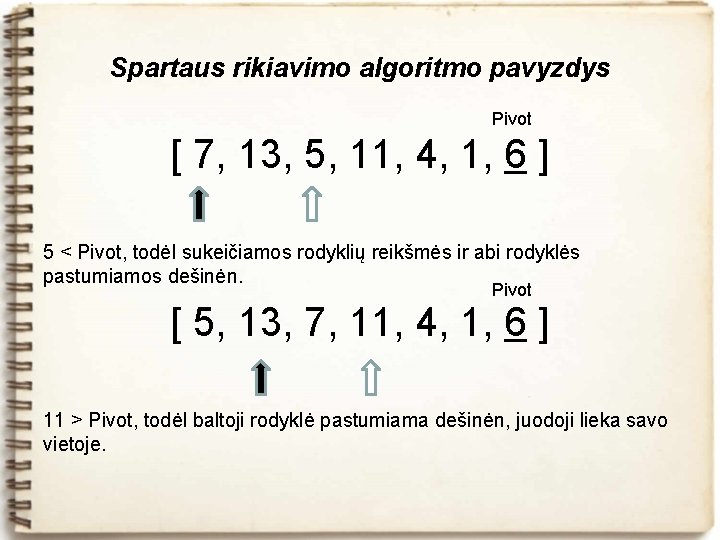 Spartaus rikiavimo algoritmo pavyzdys Pivot [ 7, 13, 5, 11, 4, 1, 6 ]