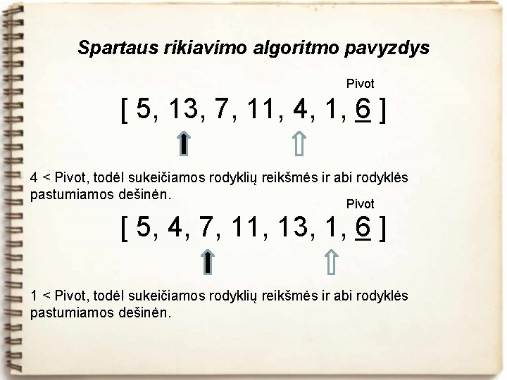 Spartaus rikiavimo algoritmo pavyzdys Pivot [ 5, 13, 7, 11, 4, 1, 6 ]