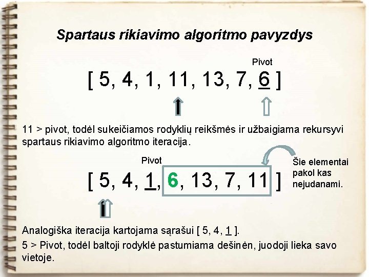 Spartaus rikiavimo algoritmo pavyzdys Pivot [ 5, 4, 1, 13, 7, 6 ] 11