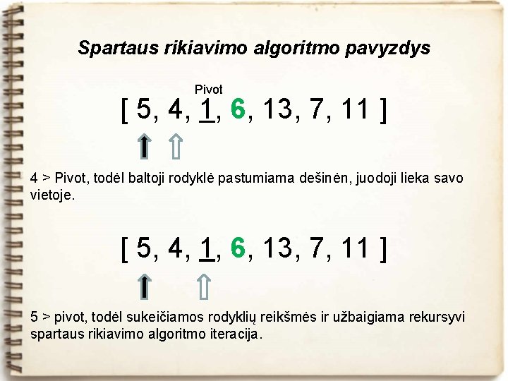 Spartaus rikiavimo algoritmo pavyzdys Pivot [ 5, 4, 1, 6, 13, 7, 11 ]
