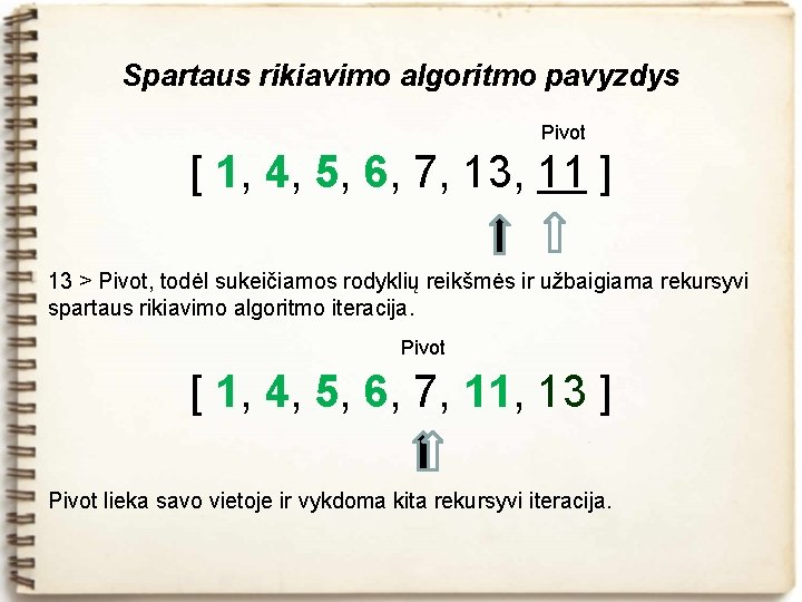 Spartaus rikiavimo algoritmo pavyzdys Pivot [ 1, 4, 5, 6, 7, 13, 11 ]