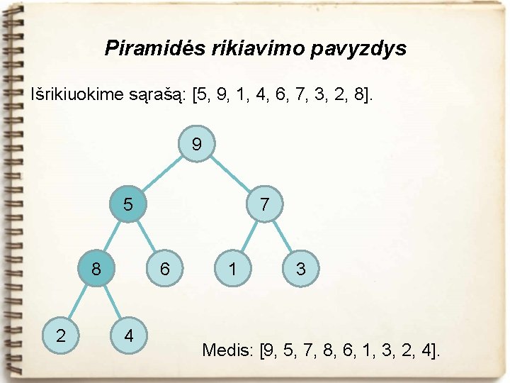 Piramidės rikiavimo pavyzdys Išrikiuokime sąrašą: [5, 9, 1, 4, 6, 7, 3, 2, 8].