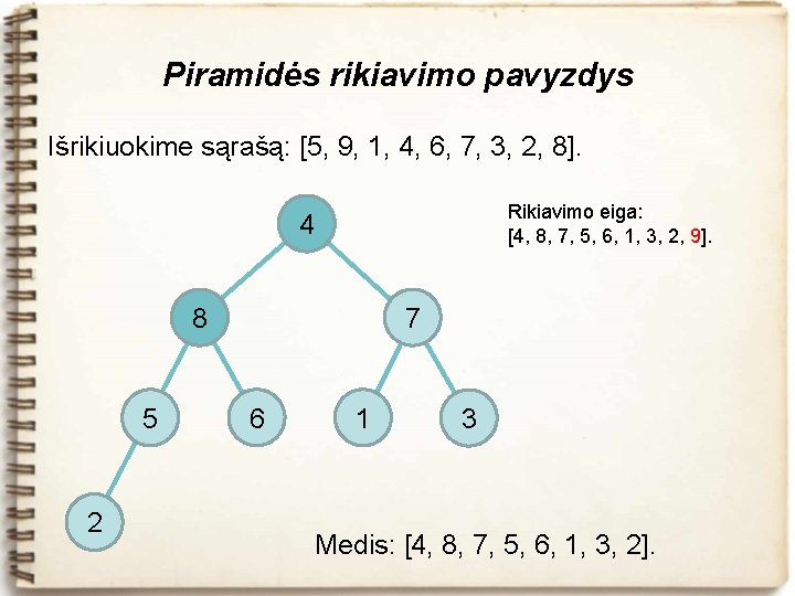 Piramidės rikiavimo pavyzdys Išrikiuokime sąrašą: [5, 9, 1, 4, 6, 7, 3, 2, 8].