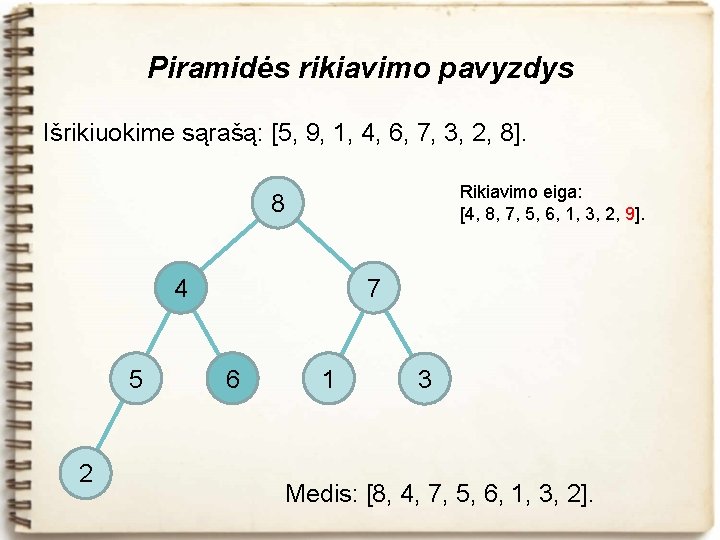 Piramidės rikiavimo pavyzdys Išrikiuokime sąrašą: [5, 9, 1, 4, 6, 7, 3, 2, 8].