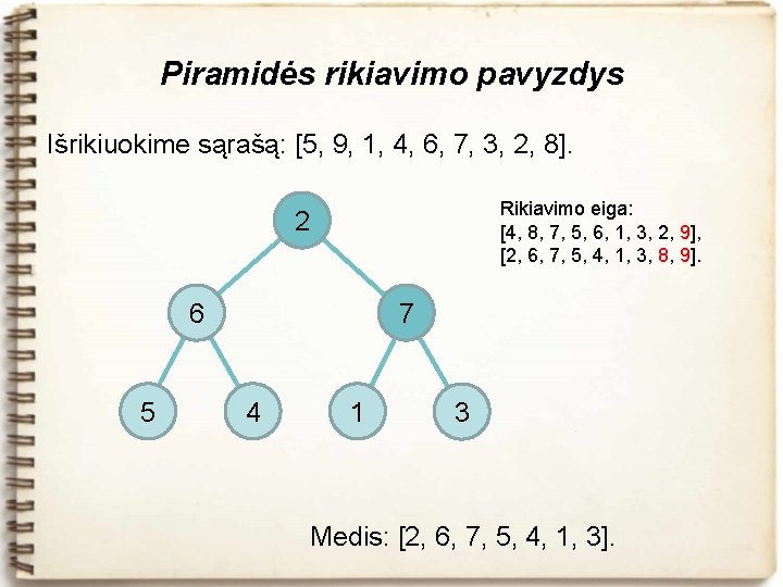 Piramidės rikiavimo pavyzdys Išrikiuokime sąrašą: [5, 9, 1, 4, 6, 7, 3, 2, 8].