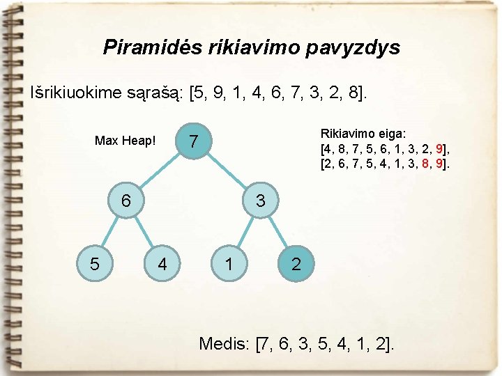 Piramidės rikiavimo pavyzdys Išrikiuokime sąrašą: [5, 9, 1, 4, 6, 7, 3, 2, 8].