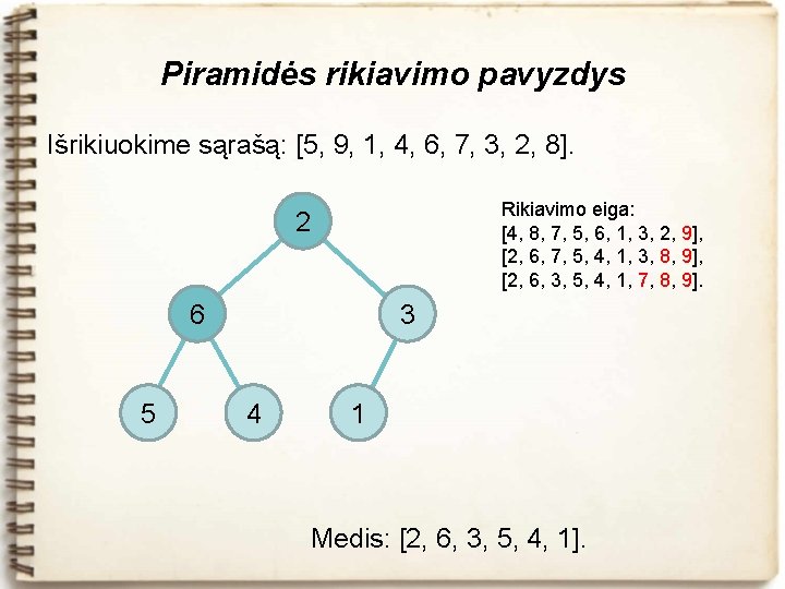 Piramidės rikiavimo pavyzdys Išrikiuokime sąrašą: [5, 9, 1, 4, 6, 7, 3, 2, 8].