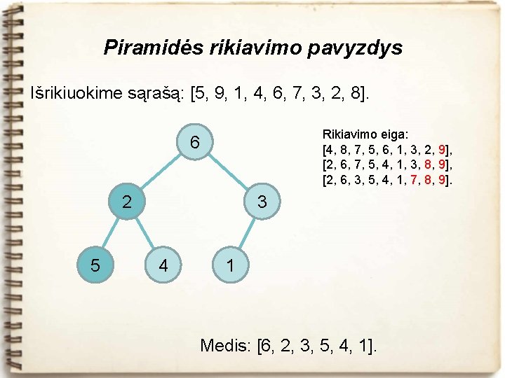 Piramidės rikiavimo pavyzdys Išrikiuokime sąrašą: [5, 9, 1, 4, 6, 7, 3, 2, 8].