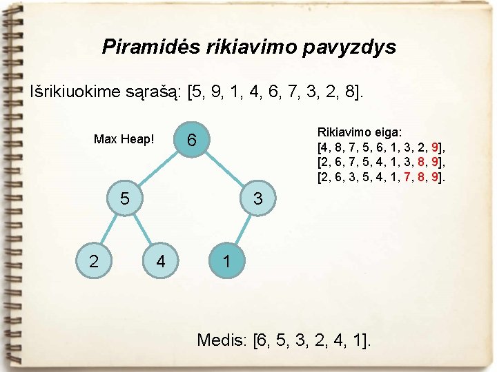 Piramidės rikiavimo pavyzdys Išrikiuokime sąrašą: [5, 9, 1, 4, 6, 7, 3, 2, 8].