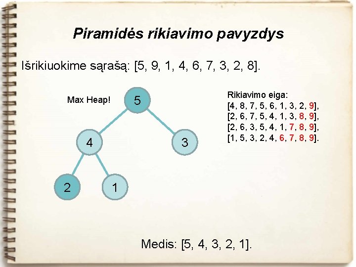 Piramidės rikiavimo pavyzdys Išrikiuokime sąrašą: [5, 9, 1, 4, 6, 7, 3, 2, 8].