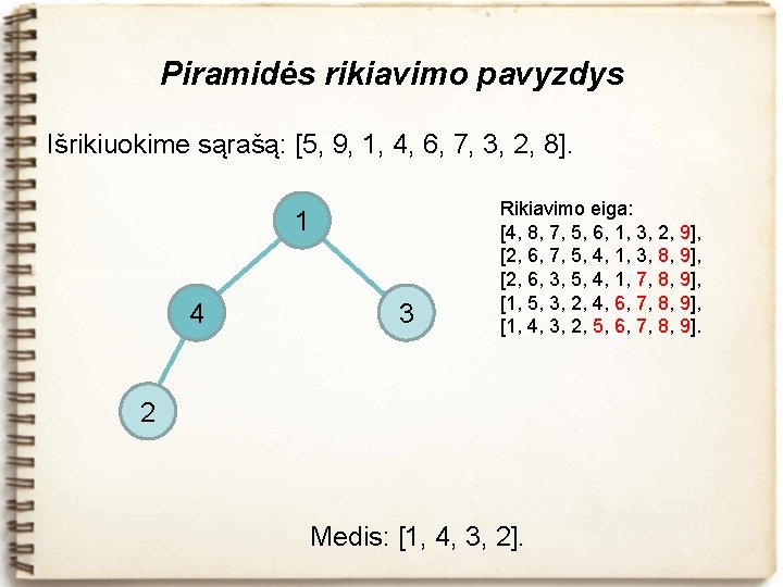 Piramidės rikiavimo pavyzdys Išrikiuokime sąrašą: [5, 9, 1, 4, 6, 7, 3, 2, 8].
