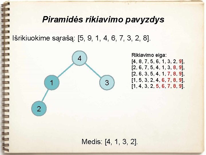 Piramidės rikiavimo pavyzdys Išrikiuokime sąrašą: [5, 9, 1, 4, 6, 7, 3, 2, 8].