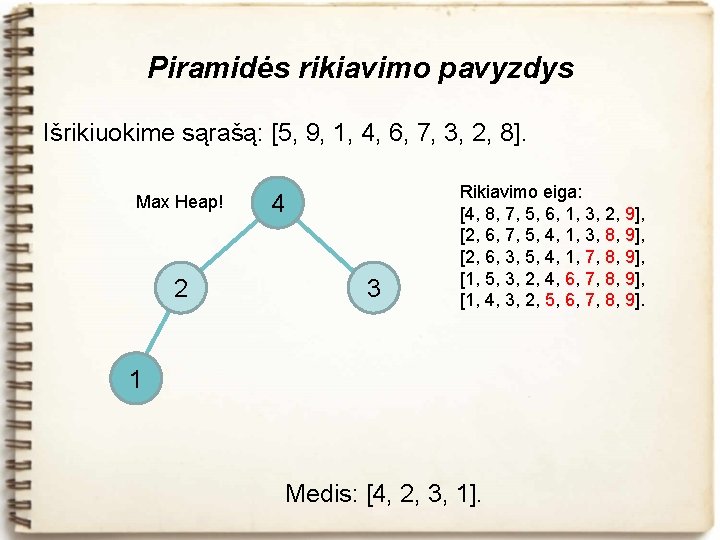 Piramidės rikiavimo pavyzdys Išrikiuokime sąrašą: [5, 9, 1, 4, 6, 7, 3, 2, 8].