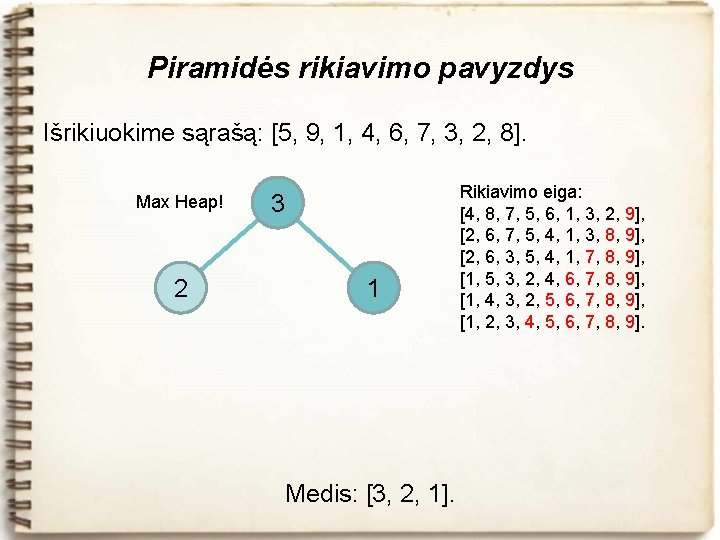 Piramidės rikiavimo pavyzdys Išrikiuokime sąrašą: [5, 9, 1, 4, 6, 7, 3, 2, 8].