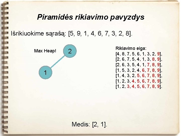 Piramidės rikiavimo pavyzdys Išrikiuokime sąrašą: [5, 9, 1, 4, 6, 7, 3, 2, 8].