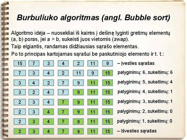 Burbuliuko algoritmas (angl. Bubble sort) Algoritmo idėja – nuosekliai iš kairės į dešinę lyginti