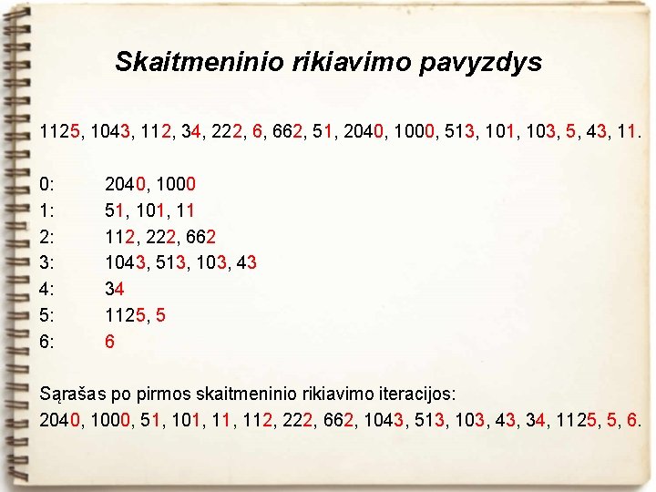 Skaitmeninio rikiavimo pavyzdys 1125, 1043, 112, 34, 222, 6, 662, 51, 2040, 1000, 513,