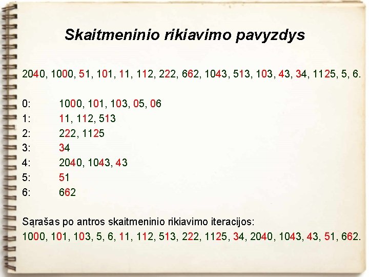 Skaitmeninio rikiavimo pavyzdys 2040, 1000, 51, 101, 112, 222, 662, 1043, 513, 103, 43,