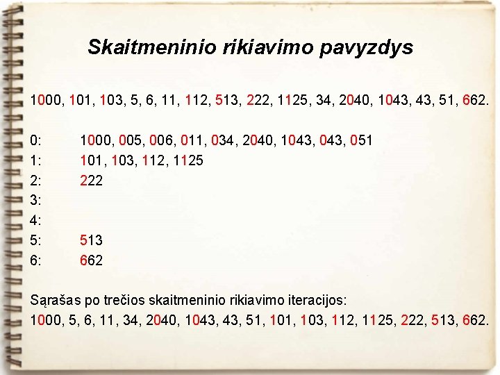 Skaitmeninio rikiavimo pavyzdys 1000, 101, 103, 5, 6, 112, 513, 222, 1125, 34, 2040,