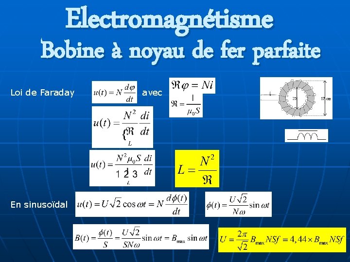 Electromagnétisme Bobine à noyau de fer parfaite Loi de Faraday avec En sinusoïdal 