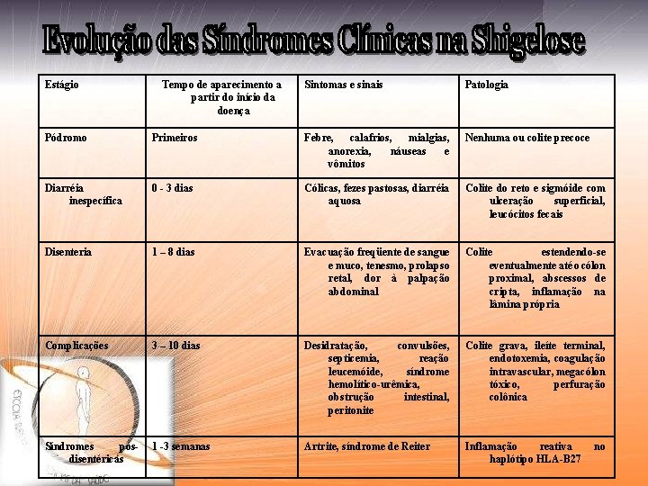 Estágio Tempo de aparecimento a partir do início da doença Sintomas e sinais Patologia