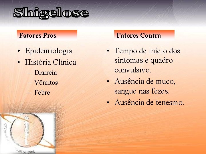 Fatores Prós • Epidemiologia • História Clínica – Diarréia – Vômitos – Febre Fatores