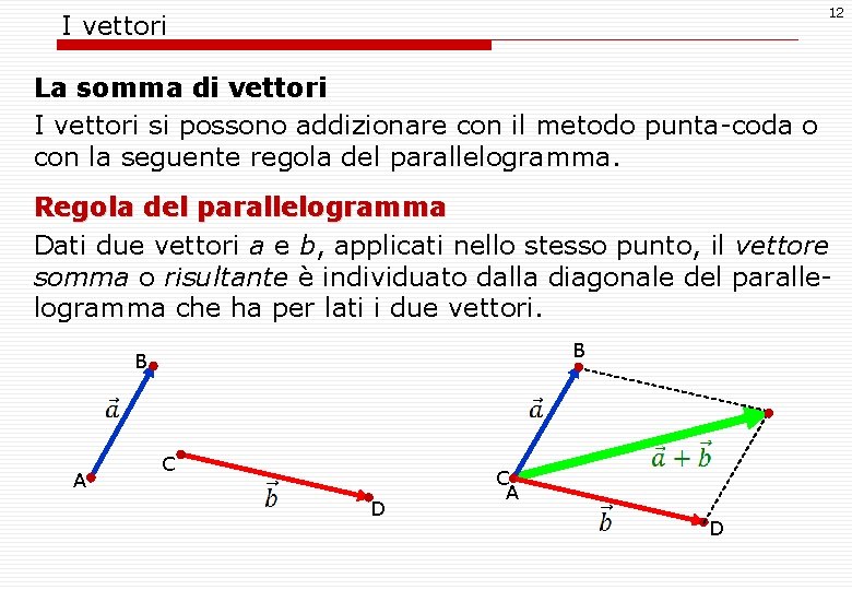 12 I vettori La somma di vettori I vettori si possono addizionare con il