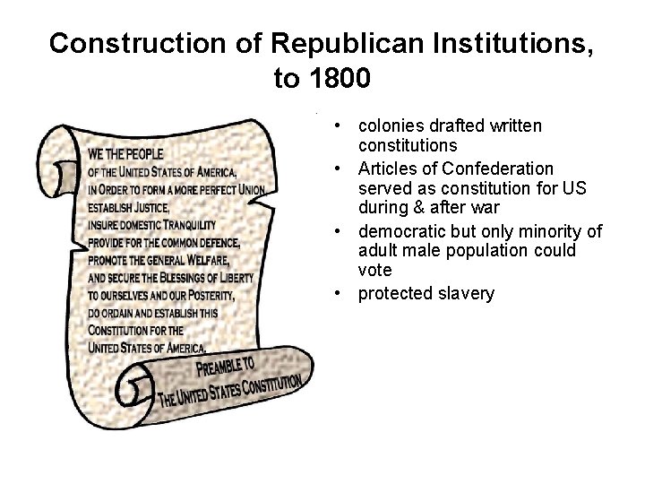 Construction of Republican Institutions, to 1800 • colonies drafted written constitutions • Articles of