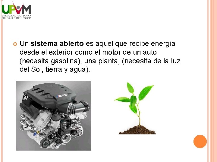  Un sistema abierto es aquel que recibe energía desde el exterior como el