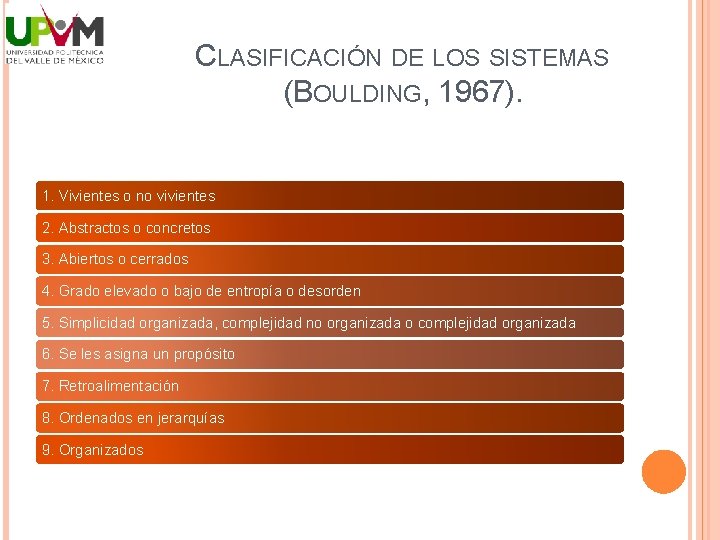 CLASIFICACIÓN DE LOS SISTEMAS (BOULDING, 1967). 1. Vivientes o no vivientes 2. Abstractos o