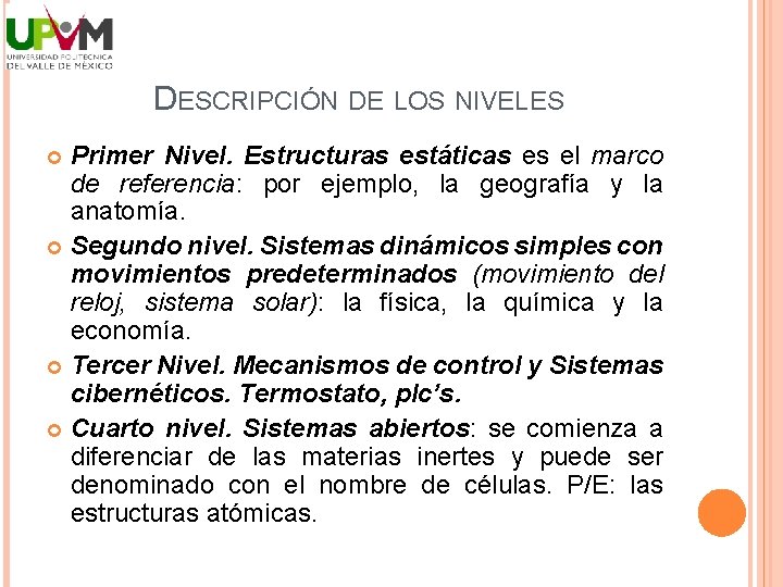 DESCRIPCIÓN DE LOS NIVELES Primer Nivel. Estructuras estáticas es el marco de referencia: por