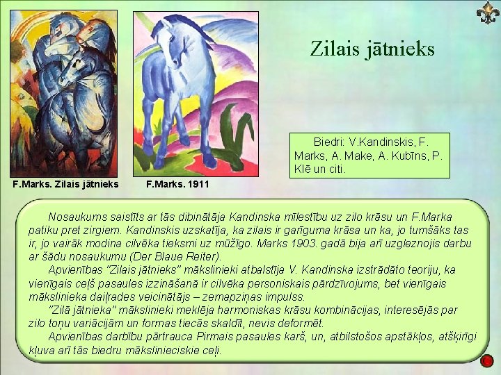 Zilais jātnieks Biedri: V. Kandinskis, F. Marks, A. Make, A. Kubīns, P. Klē un