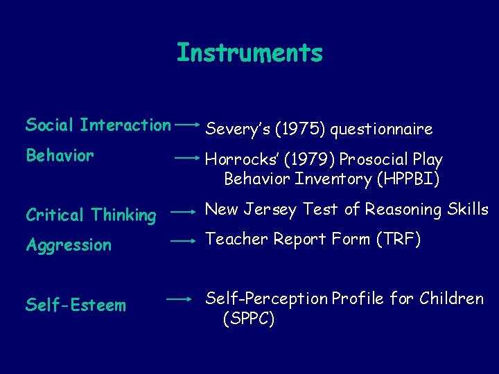 Instruments Social Interaction Severy’s (1975) questionnaire Behavior Horrocks’ (1979) Prosocial Play Behavior Inventory (HPPBI)