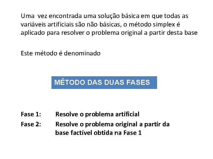 Uma vez encontrada uma solução básica em que todas as variáveis artificiais são não