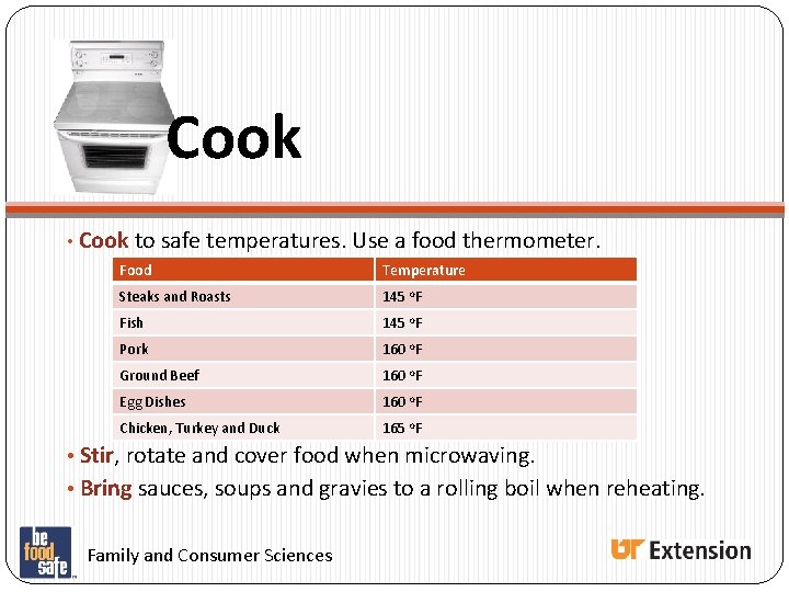 Cook • Cook to safe temperatures. Use a food thermometer. Food Temperature Steaks and Cook • Cook to safe temperatures. Use a food thermometer. Food Temperature Steaks and